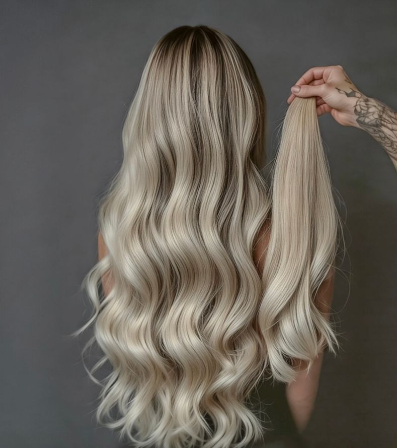 Haarverlängerung Model mit Bonding Extensions in blond gesträhnt